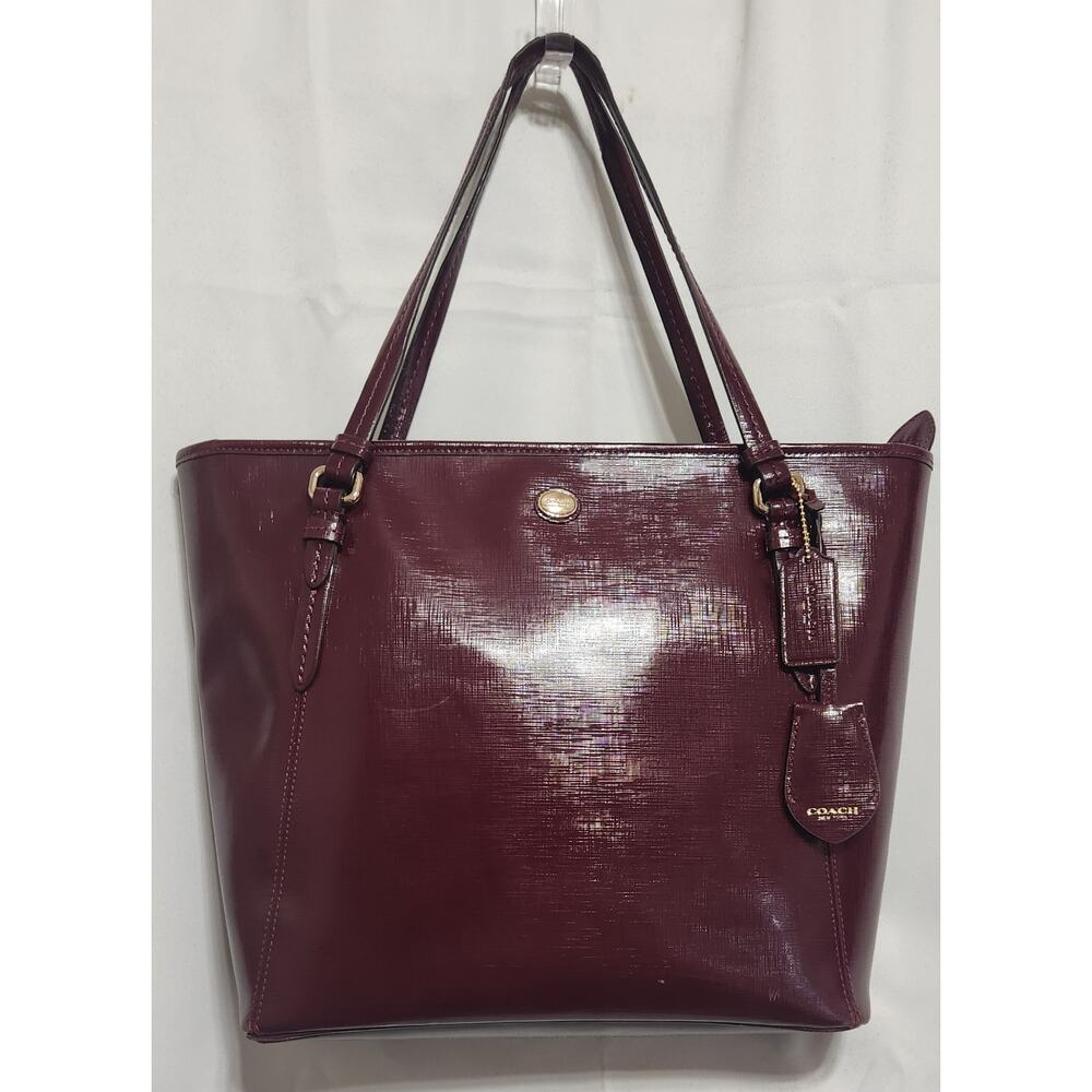 COACH Peyton PATENT LEATHER BURGUNDY Leather Zip Top Tote F27349